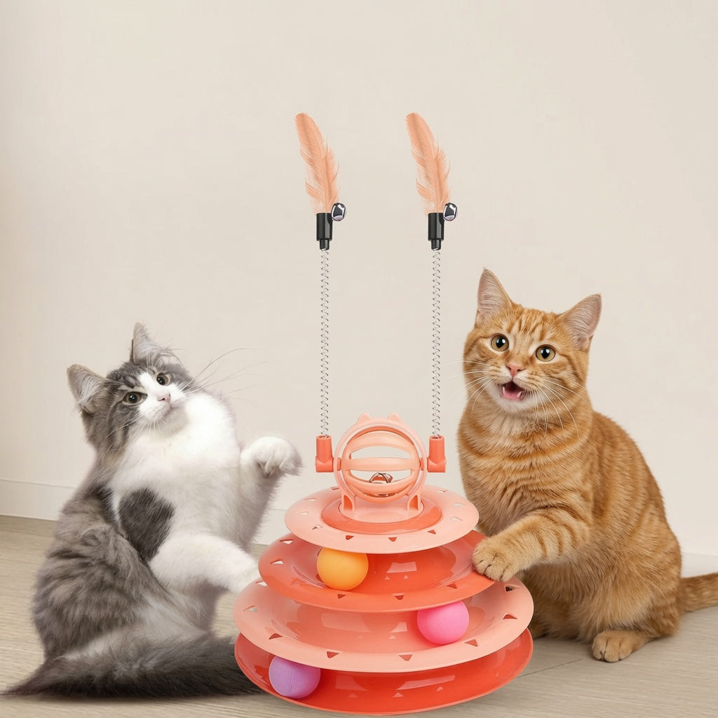 Two cats playing with an Interactive Cat Toy on a light wooden floor.