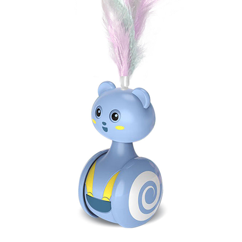 Interactive cat feather toy with rotating ball and feather wand, perfect for indoor kitten and pet enrichment play blue feather variant