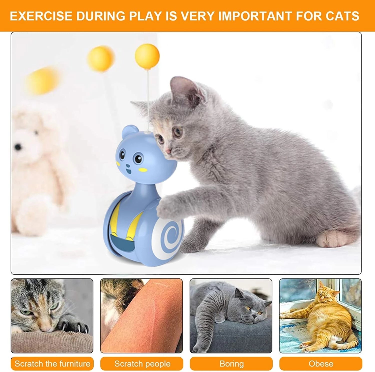 Interactive cat feather toy with rotating ball and feather wand, perfect for indoor kitten and pet enrichment play exercise during play is very important for cats