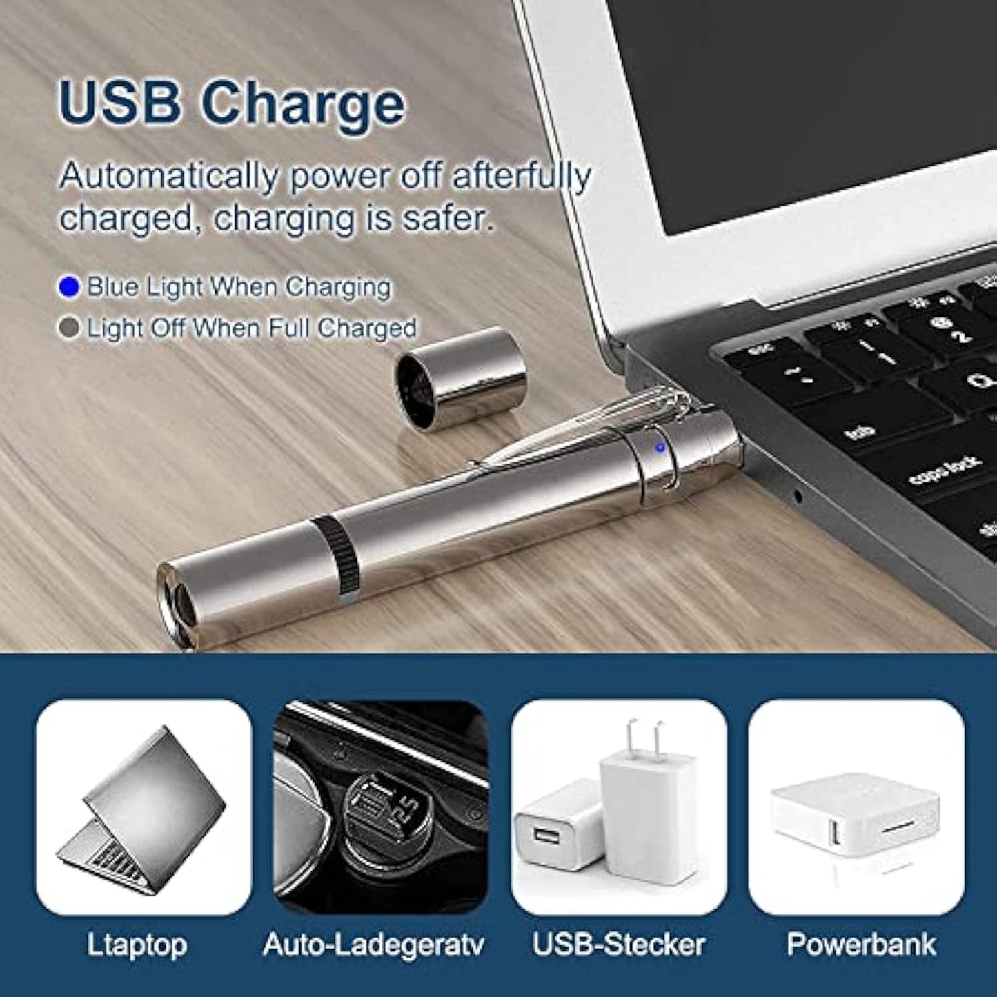 Interactive Cat Pointer Toy USB charging device with laptop on wooden surface, showing charging indicators.