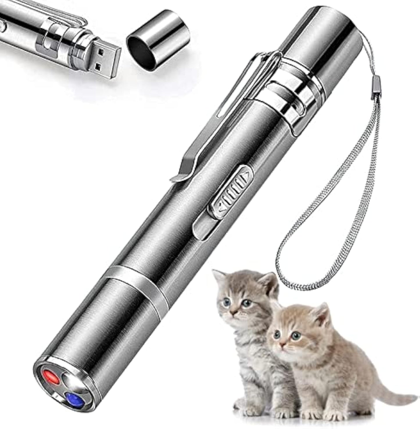 Silver laser Interactive Cat Pointer Toy with USB cable and chain, shown with two kittens on a white background.