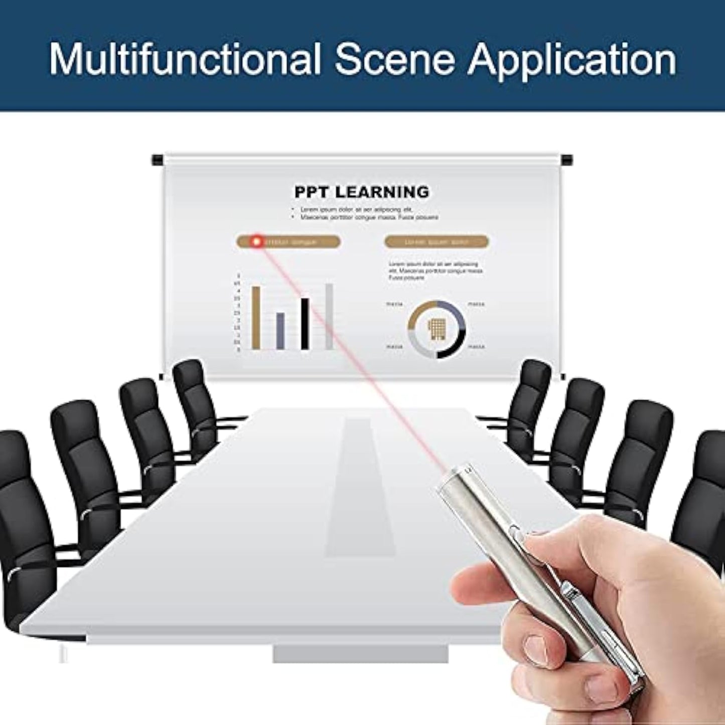 Hand holding an Interactive Cat Pointer Toy in front of a screen displaying a PPT slide in a conference room setting.