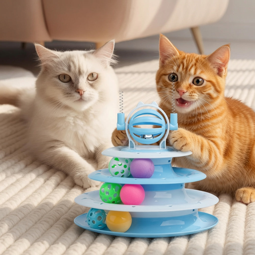 Two cats playing with a colorful Interactive Cat Toy on a carpeted floor.