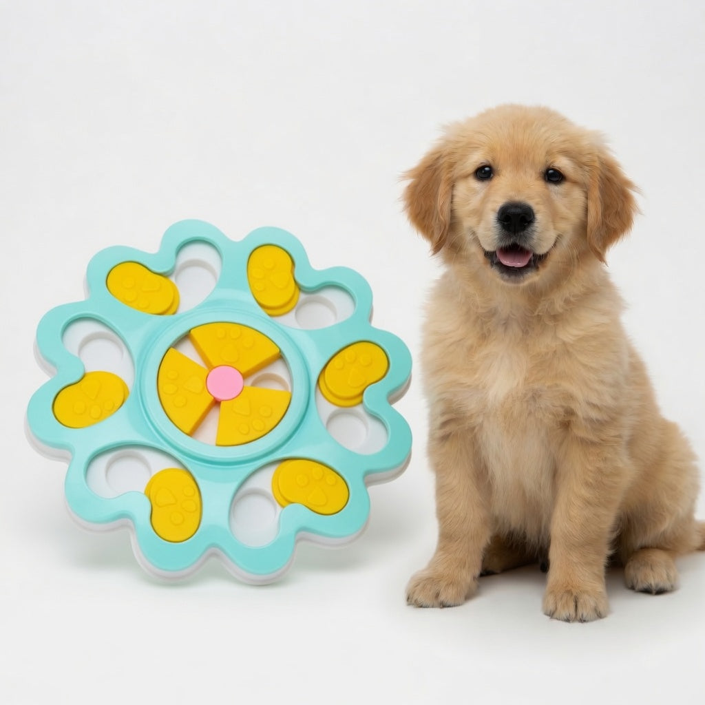 Interactive dog puzzle feeder next to a golden puppy on a white background