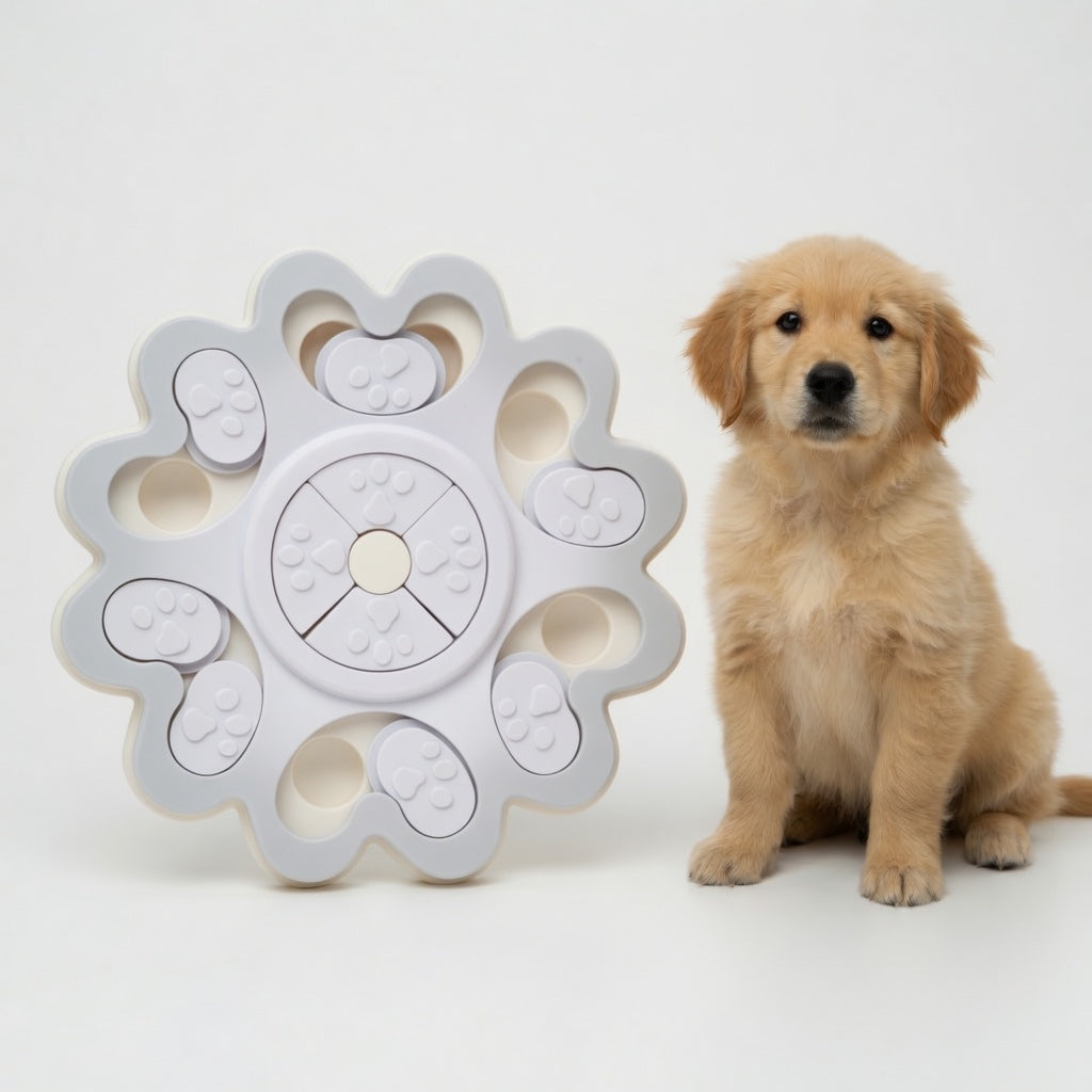 Interactive dog puzzle feeder with a puppy on a white background