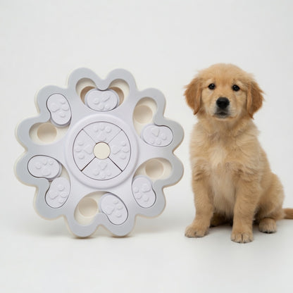 Interactive dog puzzle feeder with a puppy on a white background