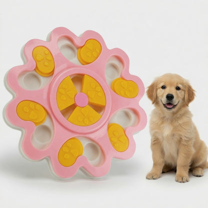 Pink Interactive dog puzzle feeder with a golden retriever on a white background