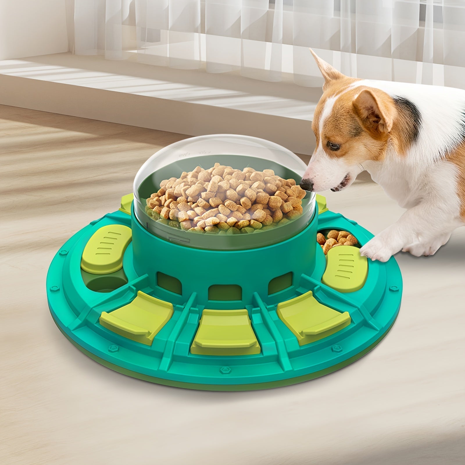 Dog interacting with a green and teal puzzle toy on a light-colored floor.
