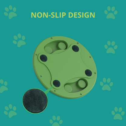 Green pet toy with non-slip design on a teal background with paw prints