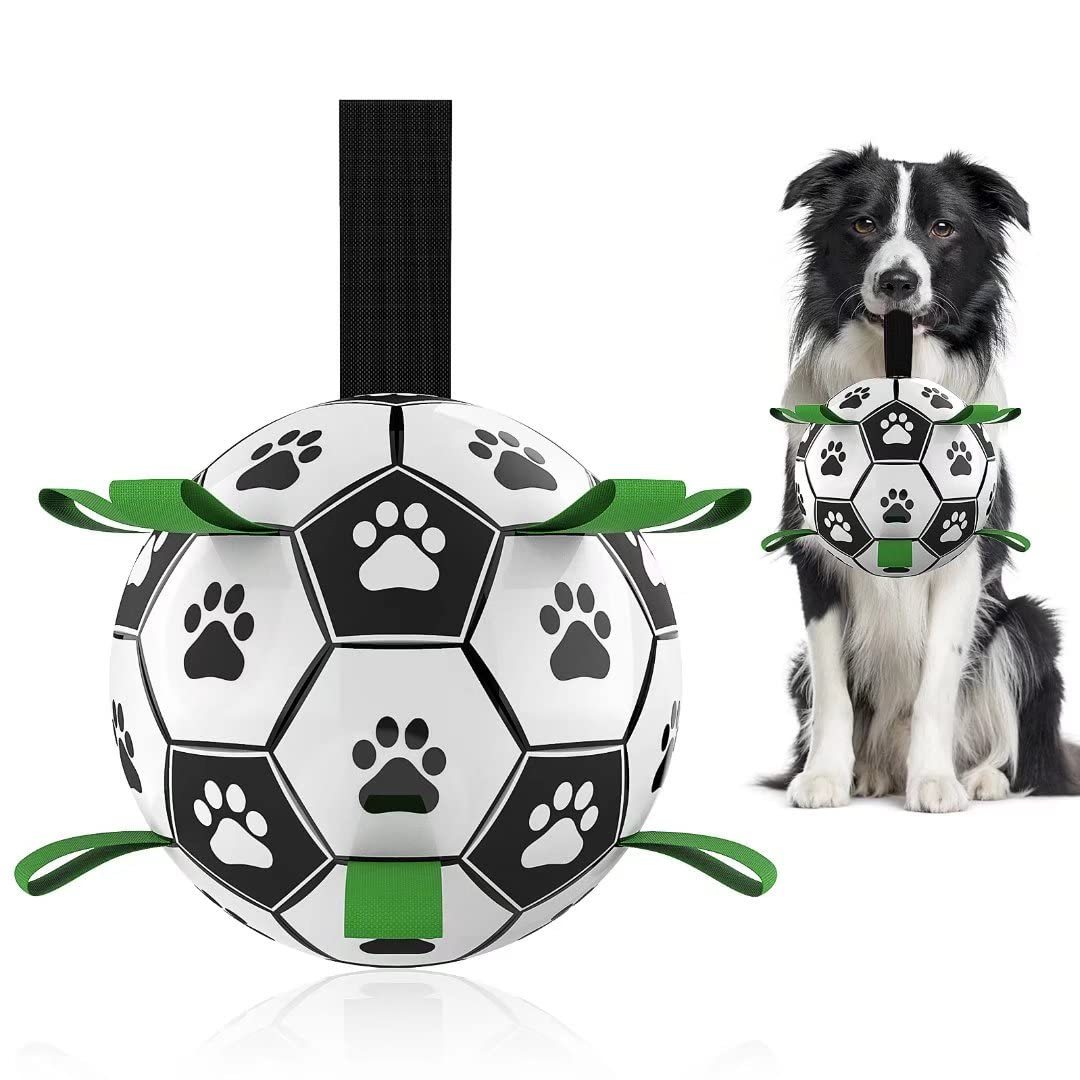 Dog toy resembling a soccer ball with paw prints and a dog holding another similar toy.