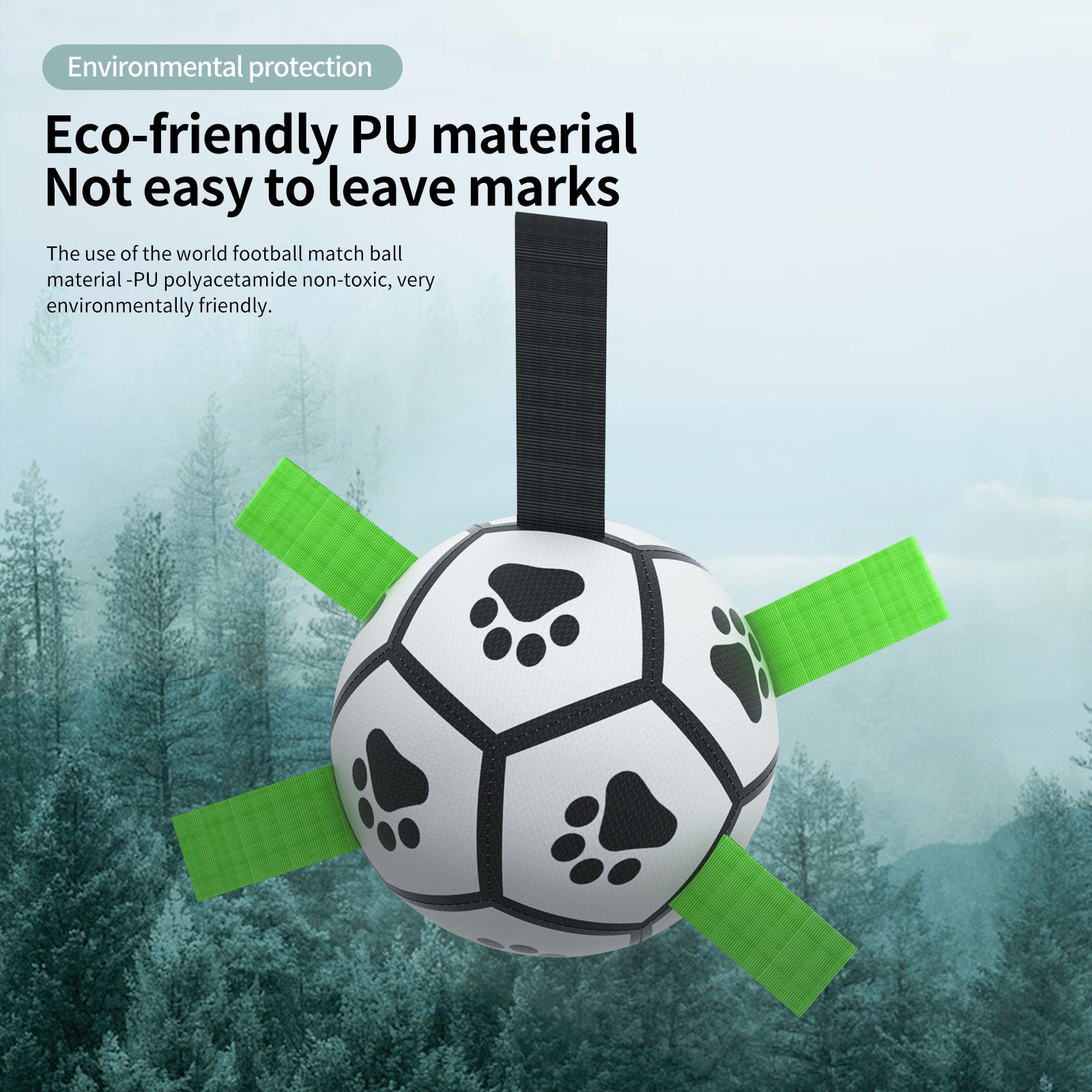 Soccer ball-shaped dog toy with green straps on a forest background, emphasizing eco-friendly material.