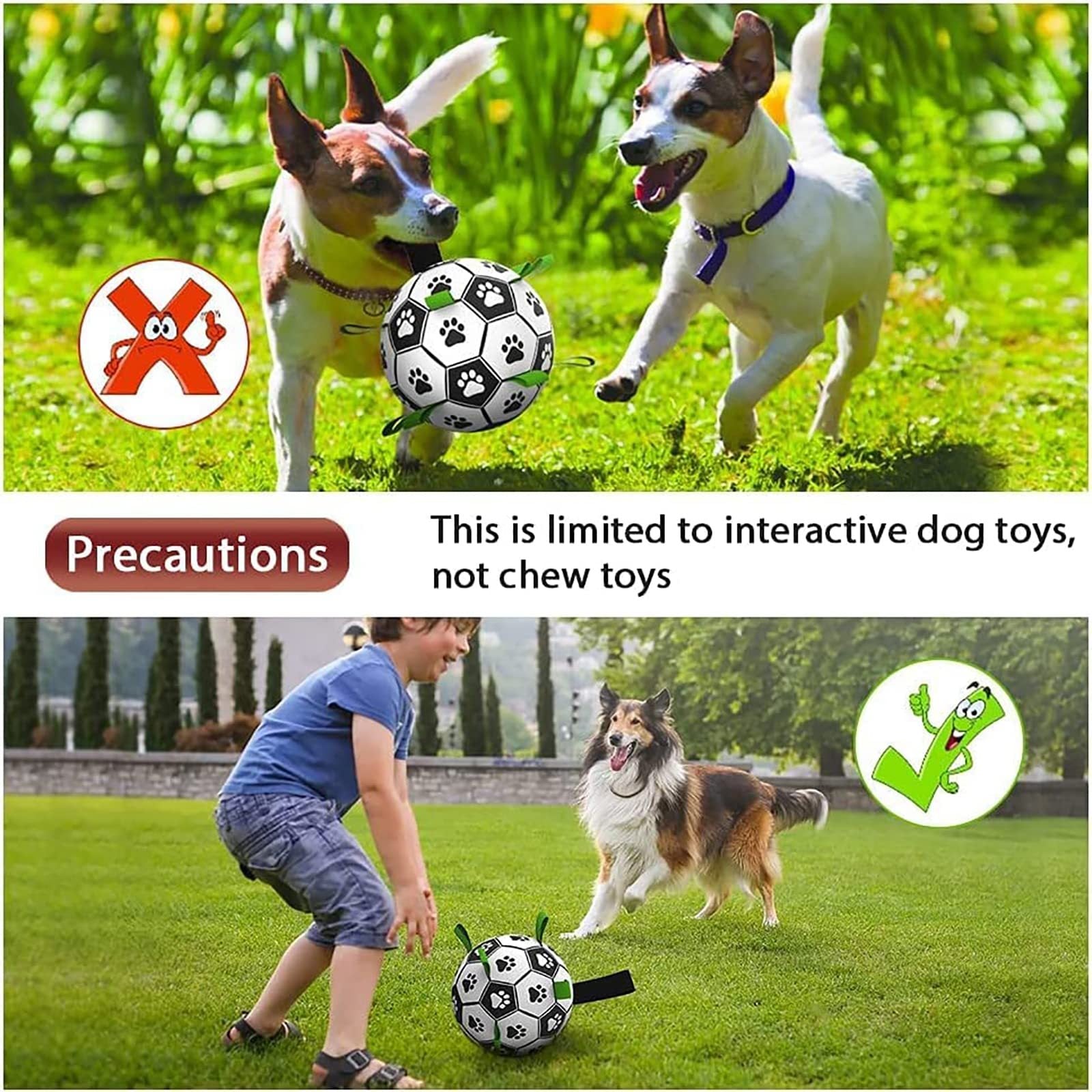 Two dogs playing with a soccer ball in a grassy area, with safety precautions indicated.