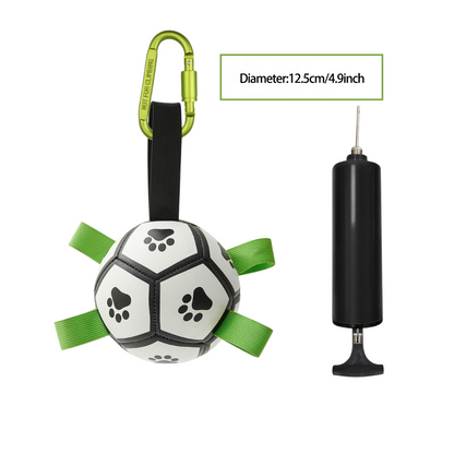 Dog toy with carabiner, pump, and soccer ball design on a white background