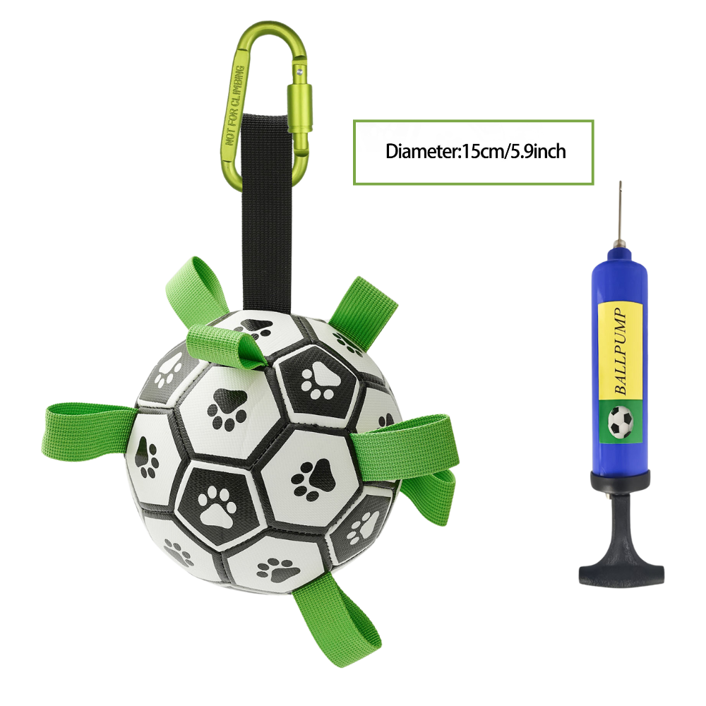 Dog toy ball with green handles and pump on a white background