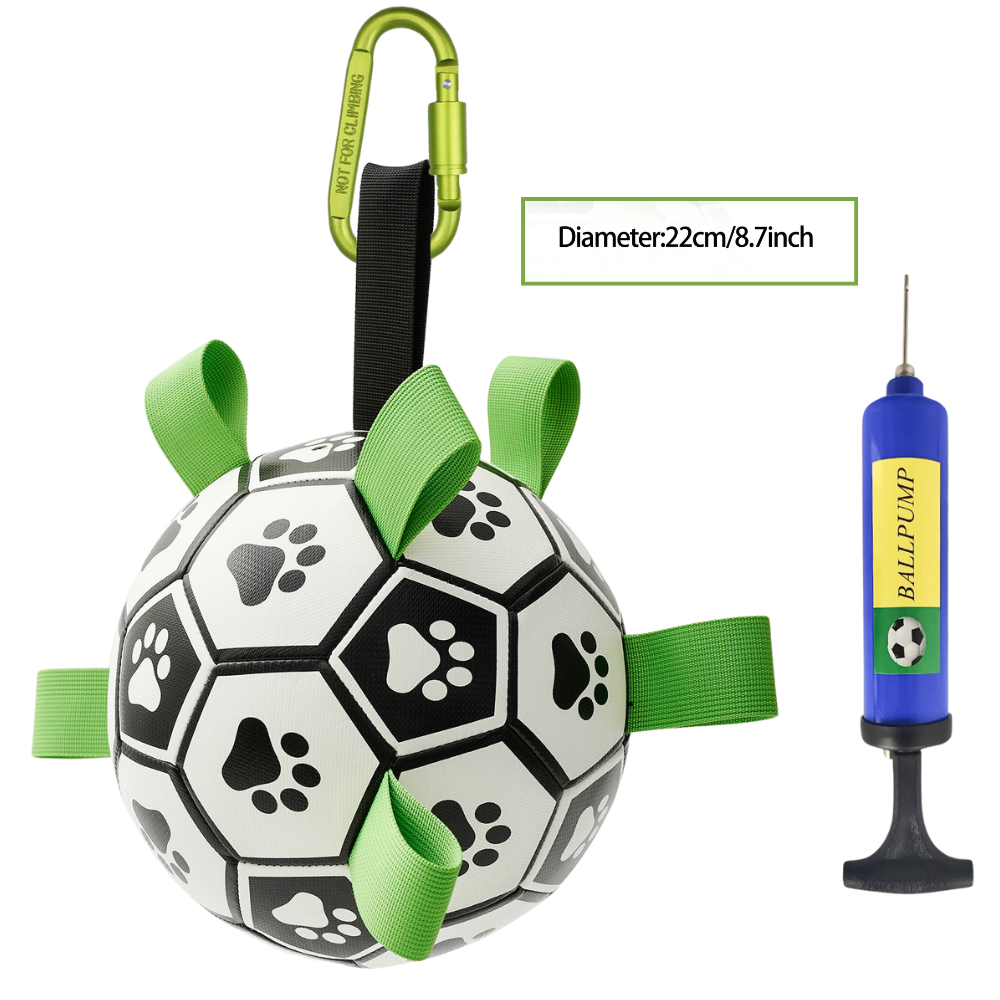 Soccer ball-shaped dog toy with green ribbons and a pump on a white background