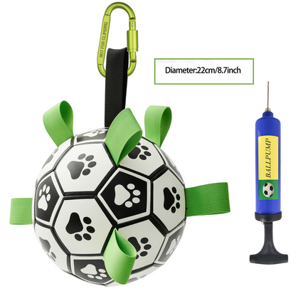 Soccer ball-shaped dog toy with green ribbons and a pump on a white background
