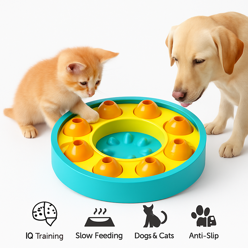 Colorful Interactive Pet Puzzle Slow Feeder for pets with a cat and dog interacting with it on a white background.