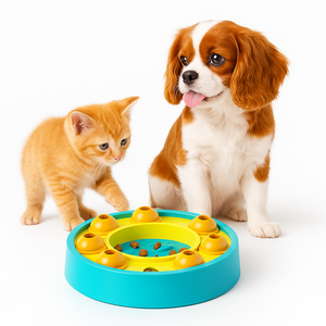 Dog and cat interacting with a colorful Interactive Pet Puzzle Slow Feeder on a white background