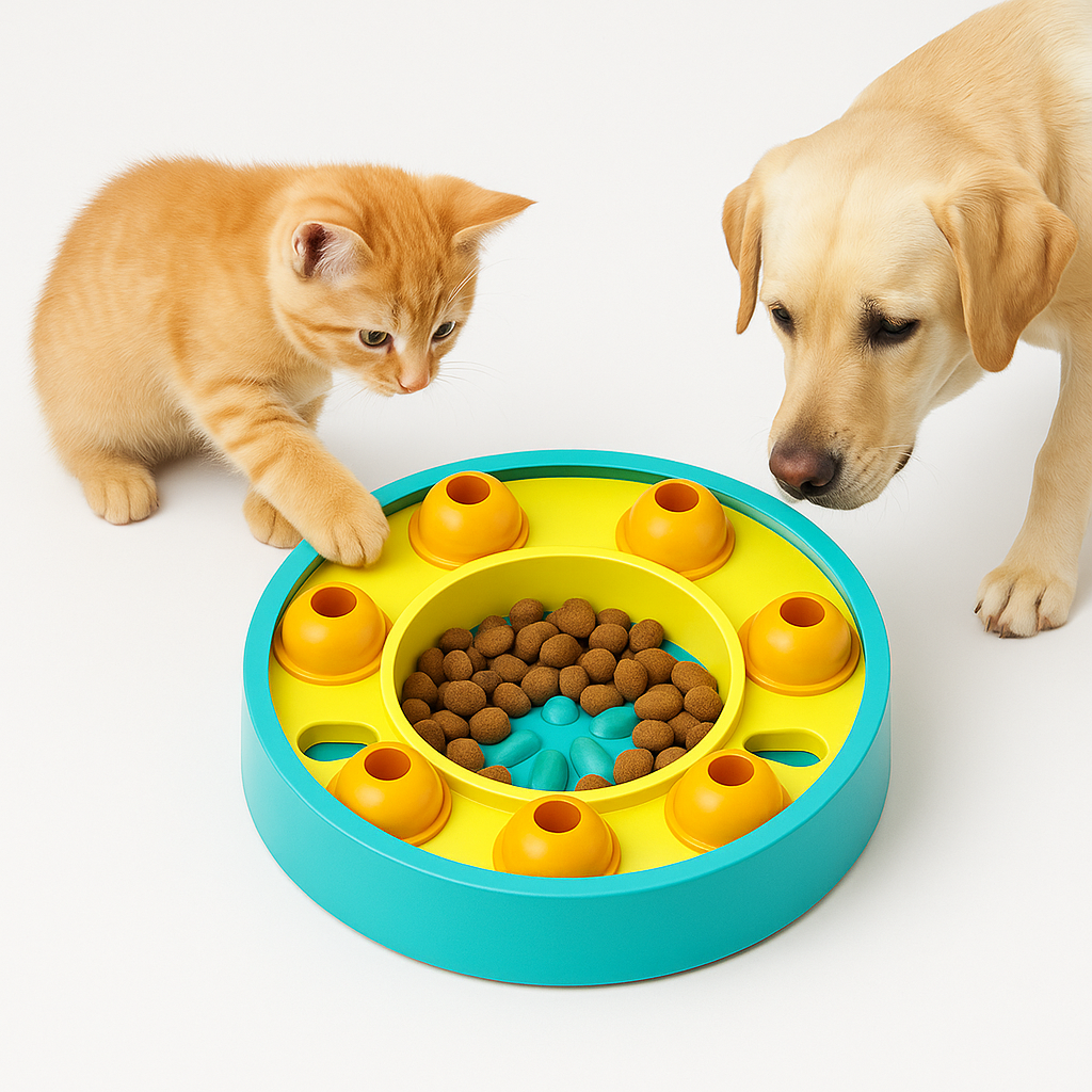 Dog and cat interacting with a colorful Interactive Pet Puzzle Slow Feeder on a white background