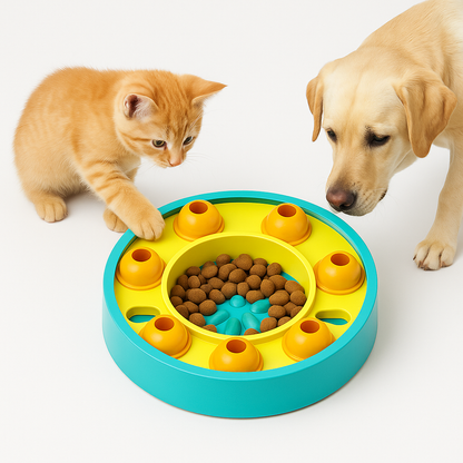 Dog and cat interacting with a colorful Interactive Pet Puzzle Slow Feeder on a white background