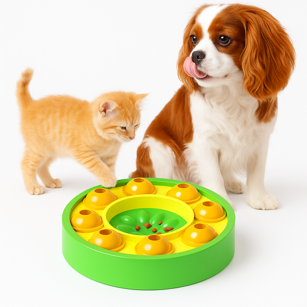 Dog and cat interacting with a green and yellow Interactive Pet Puzzle Slow Feeder on a white background