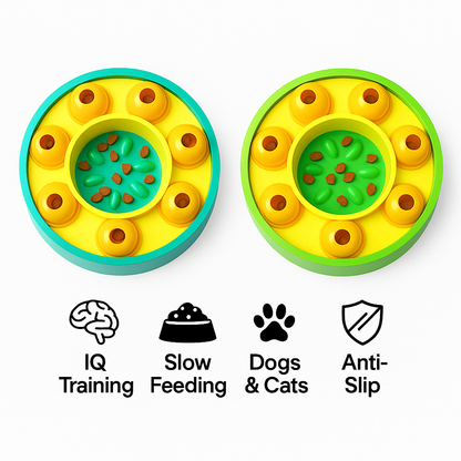Two colorful Interactive Pet Puzzle Slow Feeder with text indicating features like IQ training, slow feeding, for dogs and cats, and anti-slip.