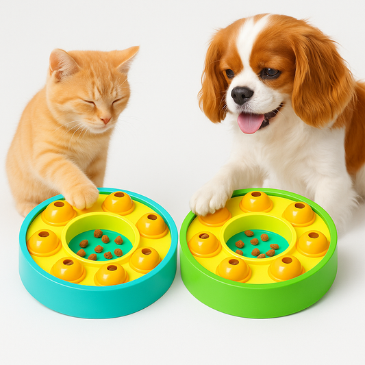 Cat and dog playing with a colorful Interactive Pet Puzzle Slow Feeder on a white background