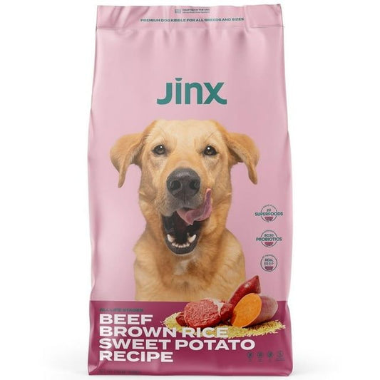 23.5 lb bag of Jinx Beef, Brown Rice & Sweet Potato Dry Dog Food, featuring real beef as the first ingredient, combined with wholesome grains and vegetables for balanced nutrition.