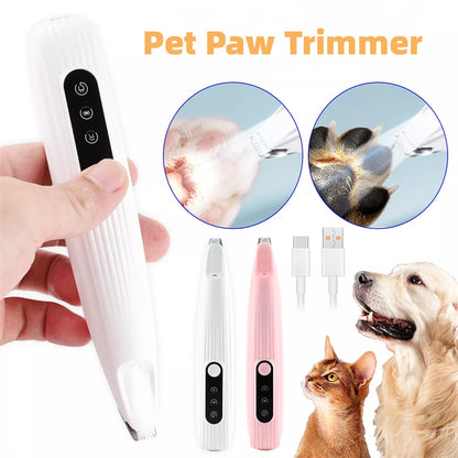 LED Pet Hair Clipper with close-up images of pet paws and a dog and cat on a white background.