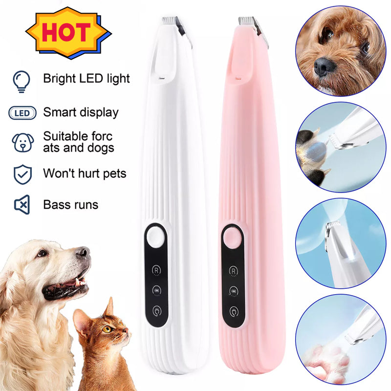 Two LED Pet Hair Clippers, one white and one pink, with features listed on a white background.