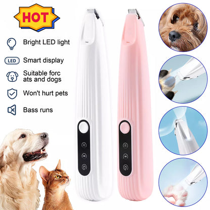 Two LED Pet Hair Clippers, one white and one pink, with features listed on a white background.