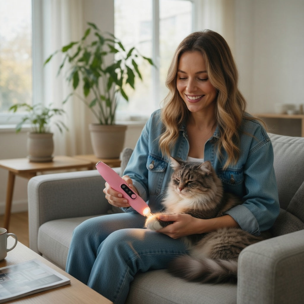 Woman sitting on a couch with a cat and a pink Led pet hair clipper in a bright living room.