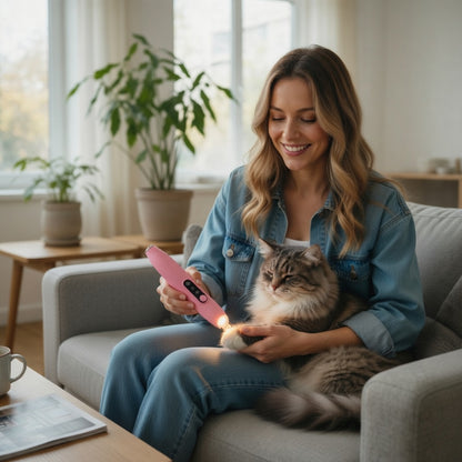 Woman sitting on a couch with a cat and a pink Led pet hair clipper in a bright living room.