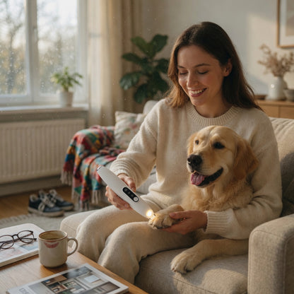 Woman sitting on a couch with a dog, holding a Led pet hair clipper in a cozy living room.