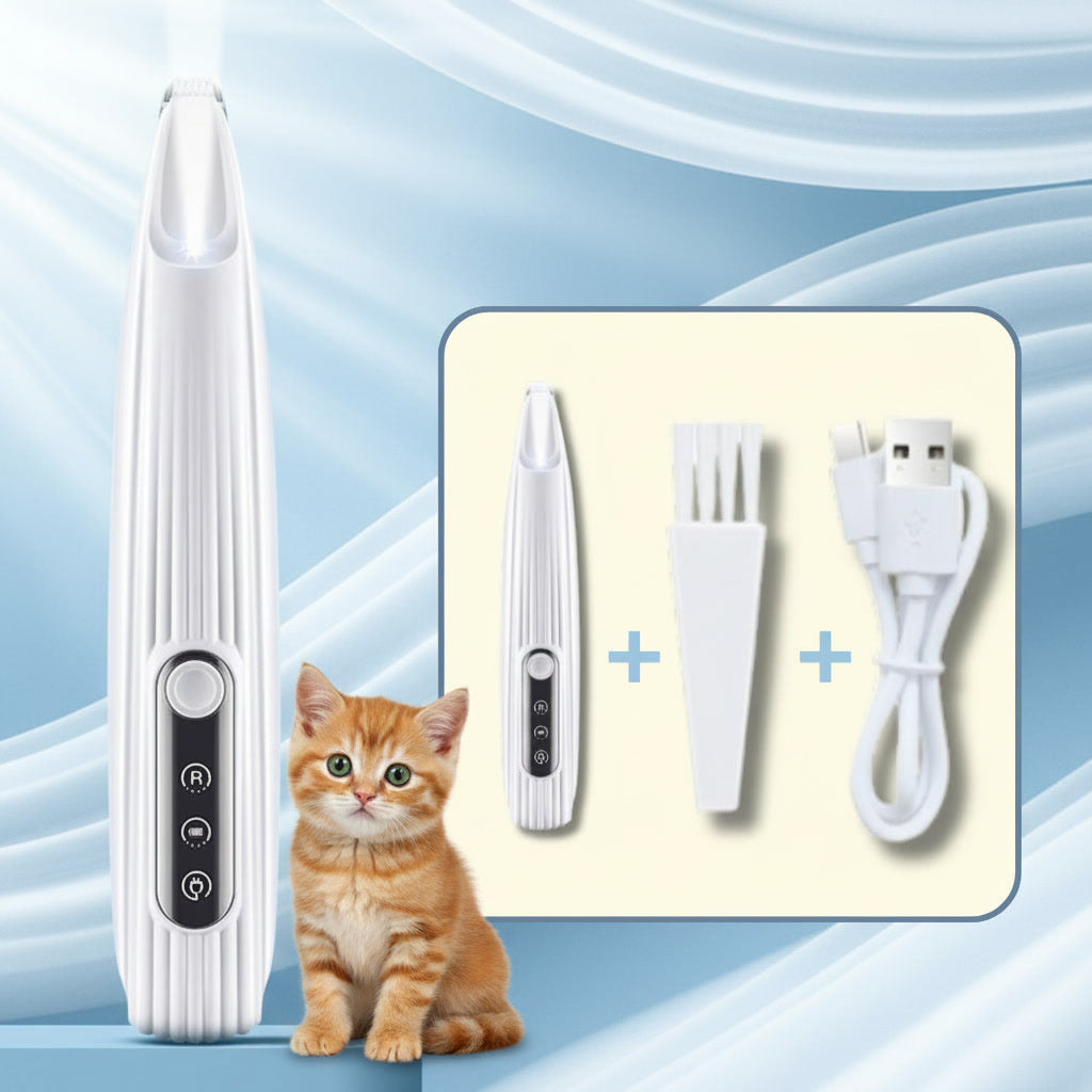 LED Pet Hair Clipper set with a cat, including a device, brush, and USB cable on a light blue background.