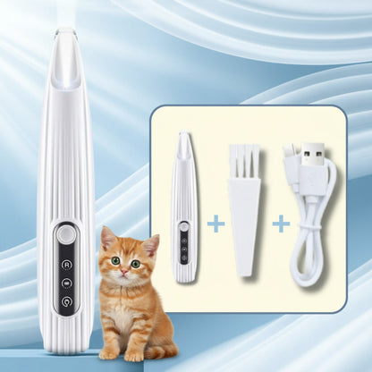 LED Pet Hair Clipper set with a cat, including a device, brush, and USB cable on a light blue background.