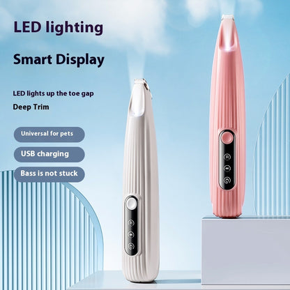 Two LED Pet Hair Clipper, one silver and one pink, with features listed on a light blue background.