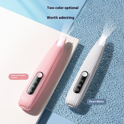 Pink and white LED Pet Hair Clipper on a textured blue surface with text indicating color options.