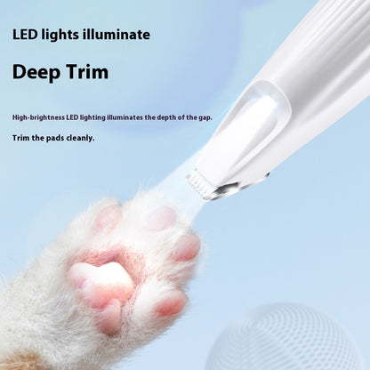 LED Pet Hair Clipper being used on a cat's paw with text about LED lighting.