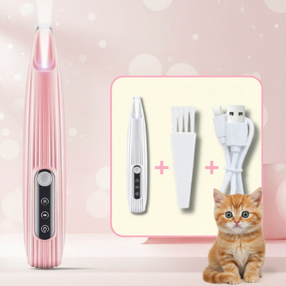 LED Pet Hair Clipper Pink pet grooming tool with packaging and a cat on a pink background