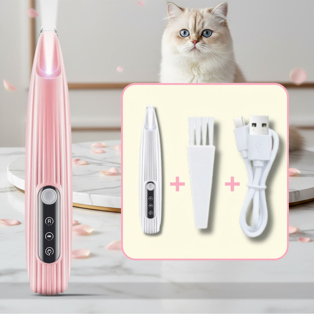 LED Pet Hair Clipper Pink pet grooming tool with packaging and a cat in the background