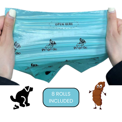 Person holding a package of dog waste bags with 'PET GO GO' branding.