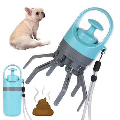 Pet waste removal tool with a dog and poop illustration on a white background