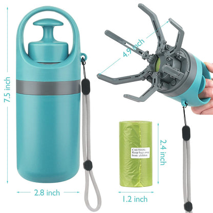 Teal water bottle with gray accents, green waste bag, and measuring dimensions on a white background