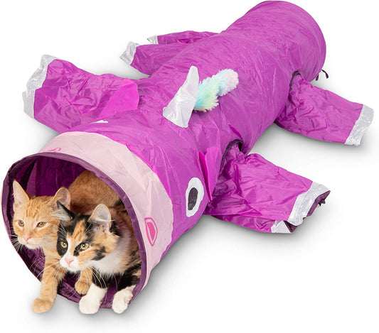 Purple cat tunnel with two cats inside on a white background