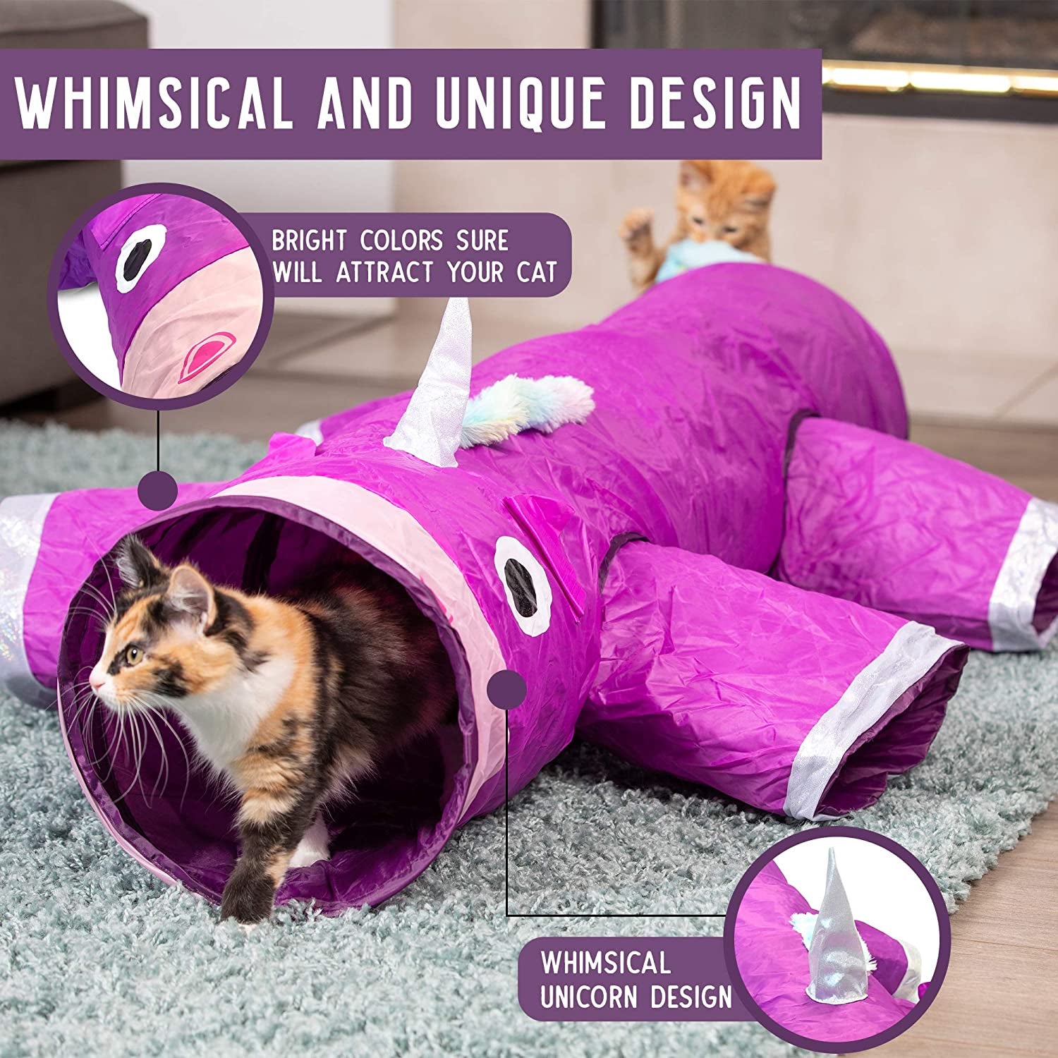 Purple unicorn-shaped cat tunnel with a cat inside, on a carpeted floor.