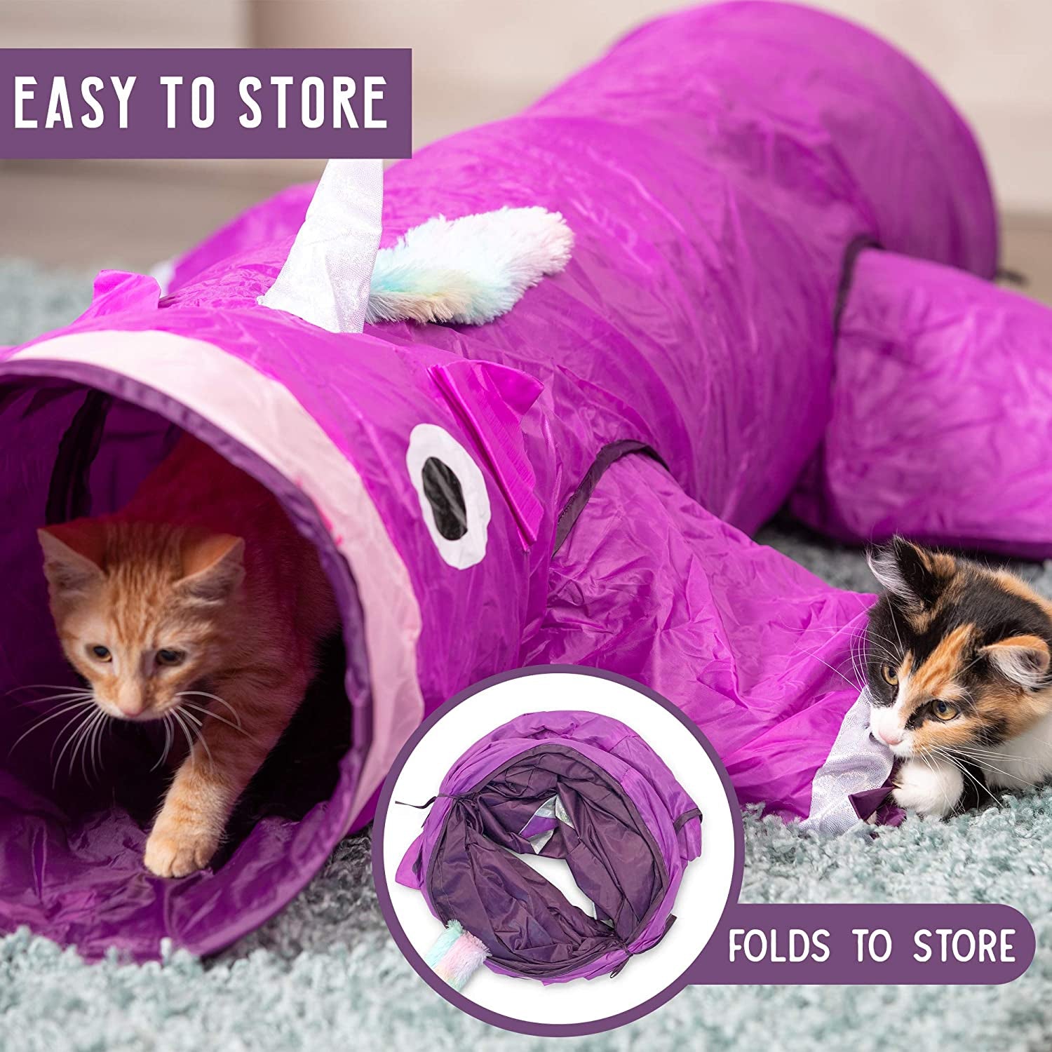 Purple cat tunnel with two cats playing inside, labeled 'Easy to store' and 'Folds to store'.