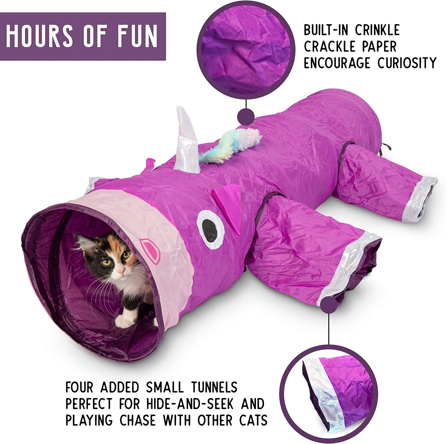 Purple cat toy tunnel with crinkle paper and small tunnels for cats, featuring text about hours of fun and additional features.
