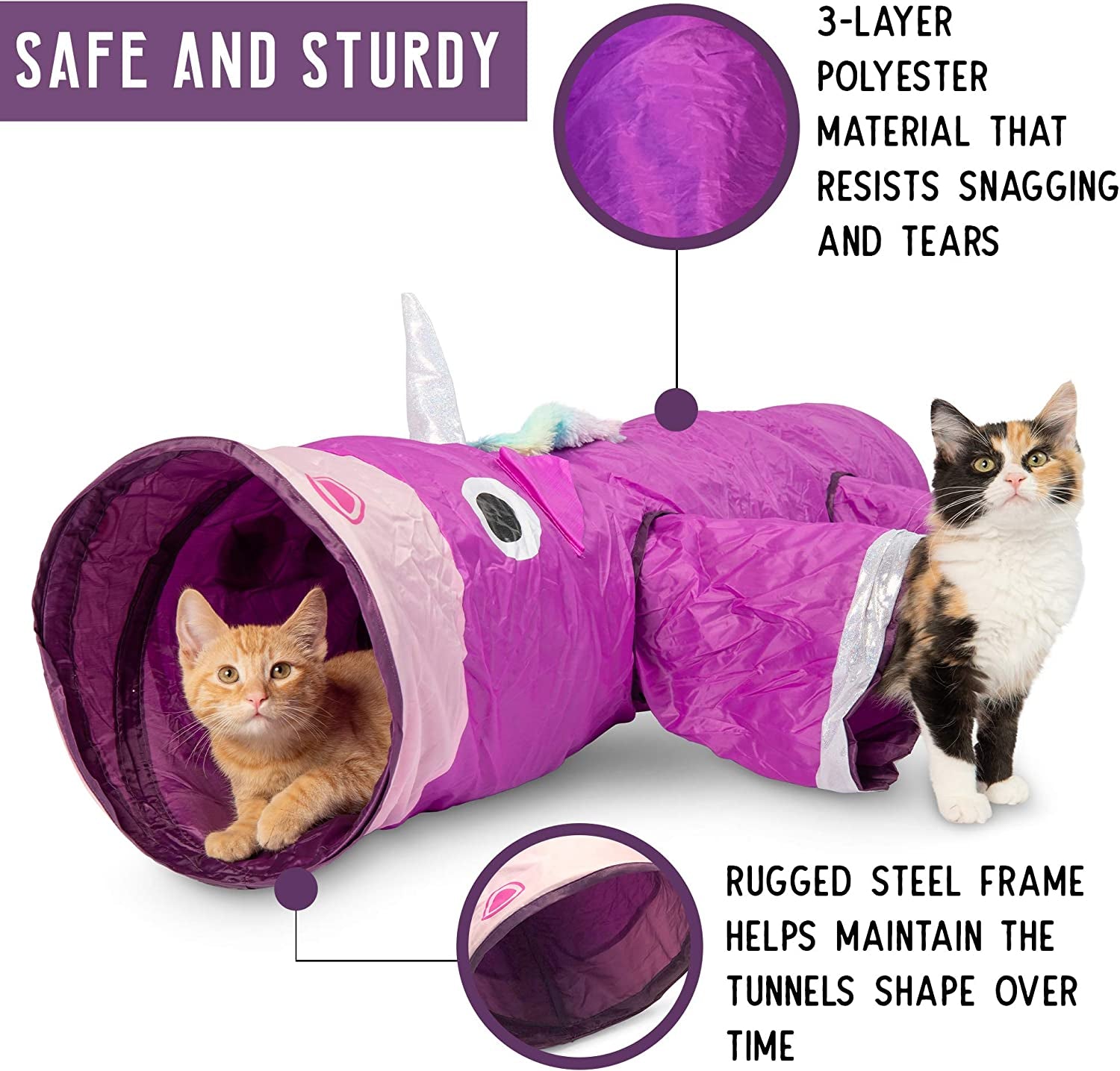 Purple cat tunnel with text highlighting safety features and durability, featuring two cats inside.