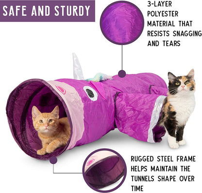 Purple cat tunnel with text highlighting safety features and durability, featuring two cats inside.
